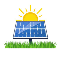 Solar Panel and Sun Illustration with Green Grass Clean Energy Concept