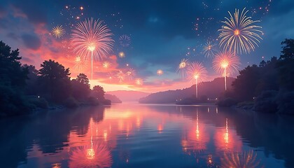 Fireworks Display Over Water Reflecting in Lake at Dusk