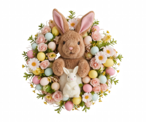 Adorable Easter Bunny Surrounded by Pastel Eggs and Delicate Flowers for a Festive Celebration