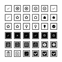 Minimilist collection of thirty six square icons with different symbols inside arranged in a grid pattern vector