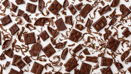 Top-down image showing chopped chocolate segments and flakes on a white background