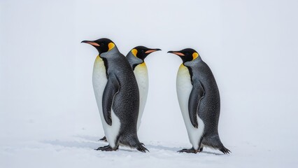 Fototapeta premium A trio of Emperor penguins (Aptenodytes forsteri) on snowy ground against a plain white background