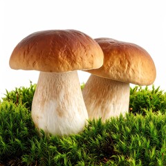 Two fresh porcini mushrooms on green moss