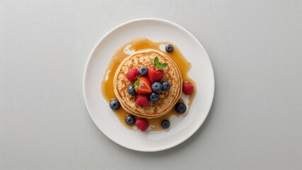 Top-down perspective of a plate of pancakes topped with fresh berries and maple syrup on a plain gray backdrop