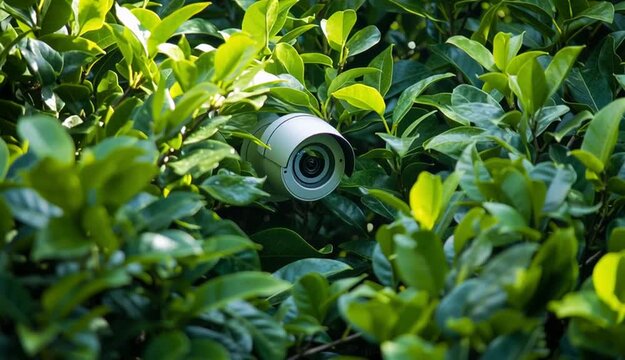 Close up view of a yard surveillance camera hidden among lush green bushes, Yard surveillance camera in the bushes
