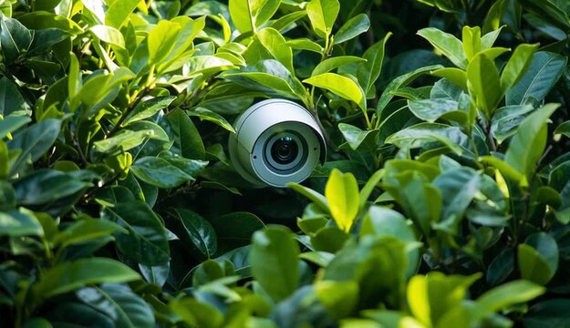 Close up view of a yard surveillance camera hidden among lush green bushes, Yard surveillance camera in the bushes
