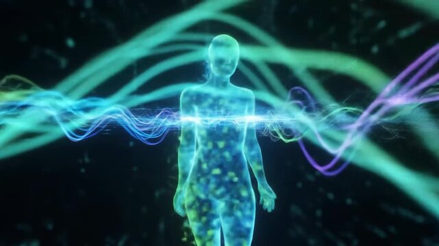 Digital woman body simulation with particle movement. Data visualization, human consciousness, spiritual energy, and futuristic technology footage.