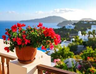 Red bougainvillea blooms in a terracotta pot overlooking a sunny coastal landscape