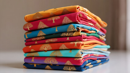 Colorful Stack of Folded Fabrics with Tree Patterns for Textile Industry and Fashion Design Concepts and Decorative Arts