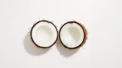 Overhead shot of an intact and broken coconut against a white background.