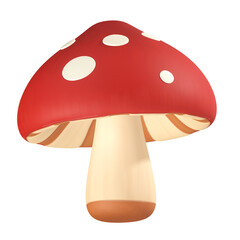 A vibrant 3D toadstool features a bright red cap with white spots, revealing a cream-colored underside with visible gills.
