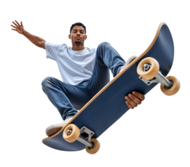 Wide angle zoom angle of a young black men skateboarder view from below