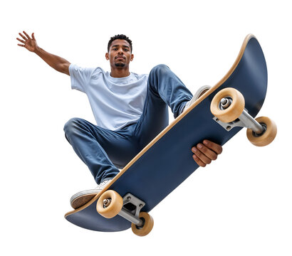 Wide angle zoom angle of a young black men skateboarder view from below - Powered by Adobe