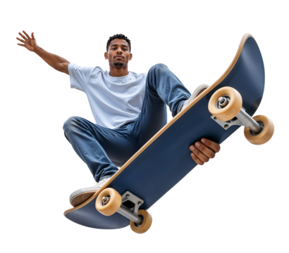 Wide angle zoom angle of a young black men skateboarder view from below