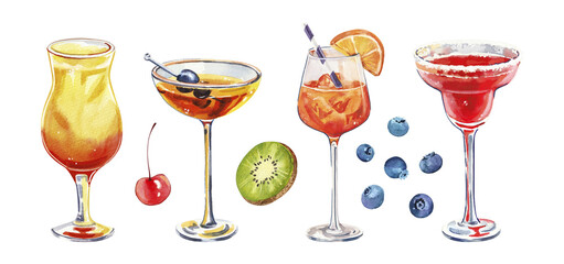 Set of watercolor hand painted summer aperitif cocktails glass simple sketch illustration on white background DIY elements for bar menu social media ads and posters