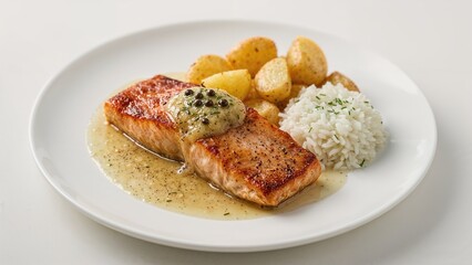 Salmon cooked in a citrus garlic butter sauce served with rice and potatoes