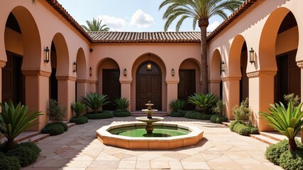 Moroccan riad , reflecting the distinctive architecture of North Africa. Courtyard house with a central fountain, surrounded by arched doorways
