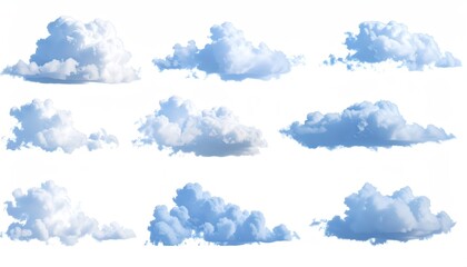 A collection of nine distinct, fluffy white and blue cumulus clouds isolated on a white background.