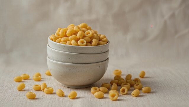 Stacked ceramic dishes brimming with pasta, surrounded by loose pasta on a textured cloth surface, showcasing a simple and rustic style. - Powered by Adobe