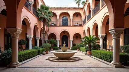 Moroccan riad , reflecting the distinctive architecture of North Africa. Courtyard house with a central fountain, surrounded by arched doorways
