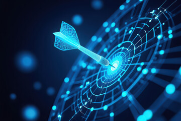 A glowing blue dart hits the center of a futuristic digital target with a network of glowing lines and nodes
