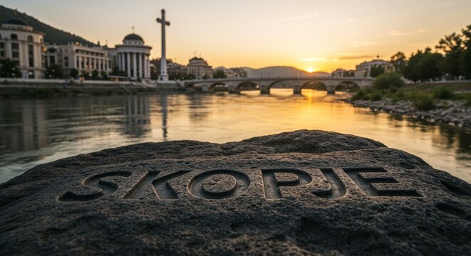 Skopje's timeless charm: Volcanic stone inscription overlooking Vardar River at sunset