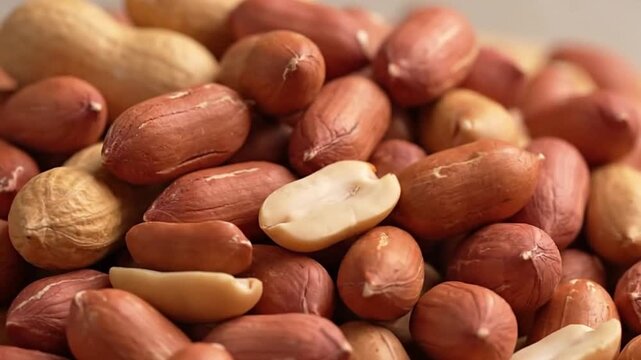 A closeup shows peanuts some with shells others split open revealing the inner seed