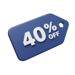 A blue tag displaying forty percent off in white lettering on a white background discount sale