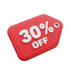 A red tag displaying thirty percent off in white text for a promotional discount offer sale