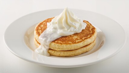 Stack of Pancakes Topped with Sour Cream on a White Dish