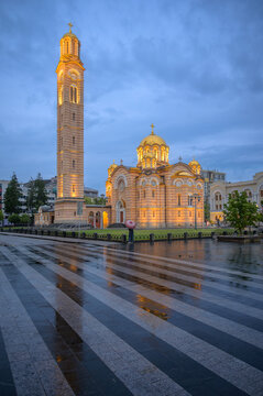 View of Cathedral of Christ the Saviour in Banja Luka during twilight