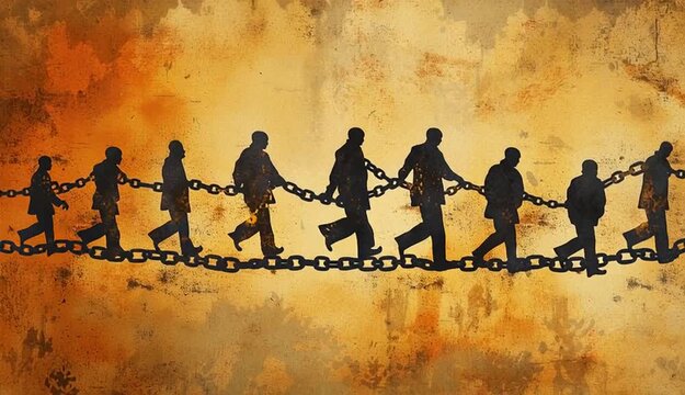 Chains of oppression: slavery roots, trade horrors, racism rise, captive lives, ownership wrong, enforced labor, freedom denied, social injustice, racial divide, exploited souls, historical burden.

