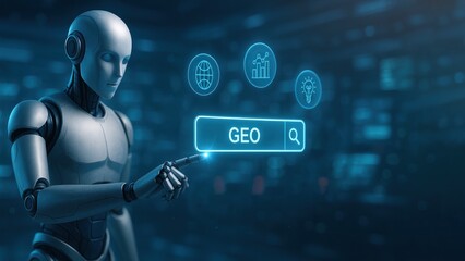 Humanoid robot with silver body pointing holographic search bar in a high tech control room with icons, futuristic UI, AI Strategy, Search Intelligence