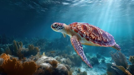 Obraz premium Giant Sea Turtle Swimming Near Pirate Cove with Colorful Reefs