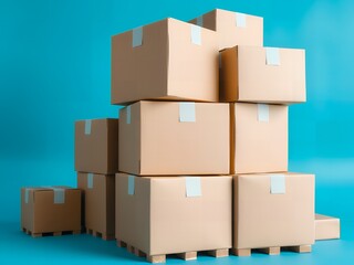 Stacked cardboard boxes on a blue background, packaging for shipping or moving, storage and delivery concept