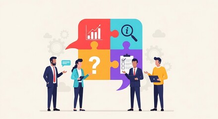 Business team solving problems with puzzle pieces representing data analysis, information search, and strategic planning, isolated on white background