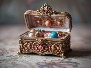 Ornate jewelry box open with colorful gems and rings sitting on a floral patterned surface close up