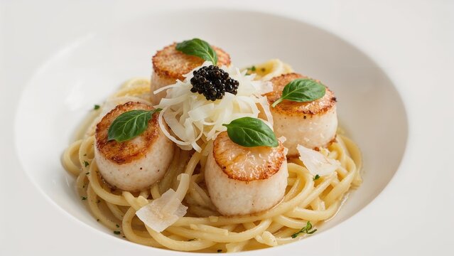 Seared scallops served over fettuccine with fresh basil and parmesan shavings, garnished with lumpfish roe.