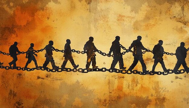 Chains of oppression: slavery roots, trade horrors, racism rise, captive lives, ownership wrong, enforced labor, freedom denied, social injustice, racial divide, exploited souls, historical burden.

