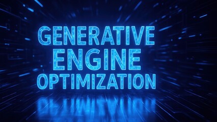 Glowing 3D Generative Engine Optimization text floats in data tunnel with circuit textures and motion glow, AI Strategy, Search Intelligence