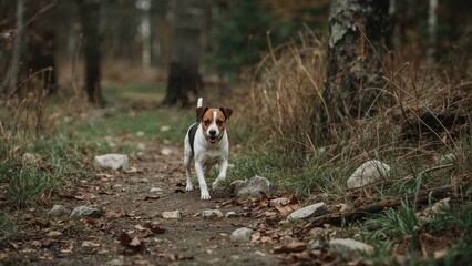 Fototapeta premium Adorable small dog exploring a trail surrounded by grass and rocks