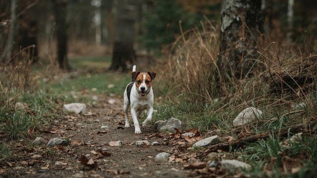 Adorable small dog exploring a trail surrounded by grass and rocks