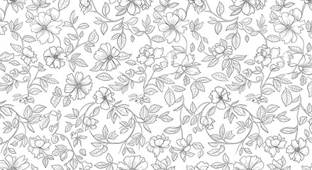 Monochrome Line Art Floral Pattern – Elegant Seamless Design for Wallpaper and Fabric