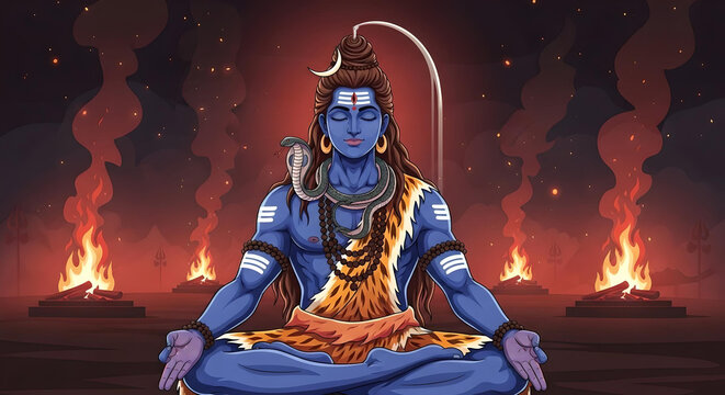 Divine artwork of Lord Shiva meditating in cremation ground with sacred fires and cosmic symbolism