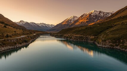 Fototapeta premium Vast landscape showing the water channel underneath a lake set in a rocky mountain zone