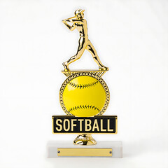 Gold Softball Trophy with Batter Figure and Yellow Ball