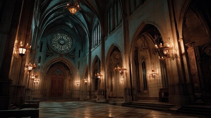 Obraz premium Dark Gothic Cathedral Interior at Night with Stunning Architecture