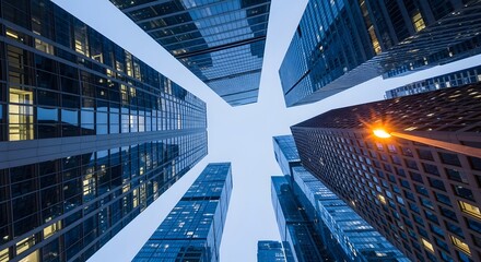 Modern commercial building in night. Urban Architecture Office of Building Business District. Business and financial skyscraper buildings concept.