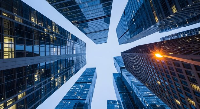 Modern commercial building in night. Urban Architecture Office of Building Business District. Business and financial skyscraper buildings concept.