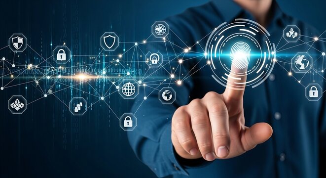 A person is touching a digital fingerprint with various security icons surrounding it, representing biometric authentication and cybersecurity measures in a modern technology setting